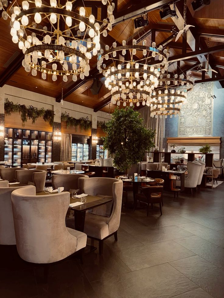 Elegant restaurant interior with chandeliers